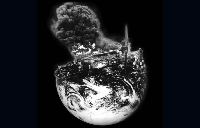 A black and white image of the earth cut in half with an image of a burning oil spill in the top half.