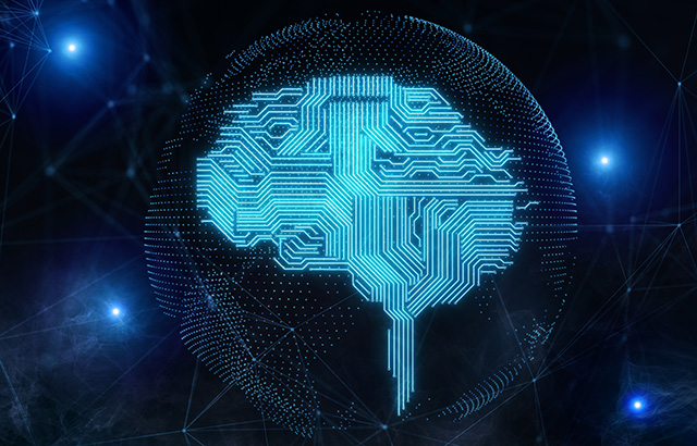 A graphic of an electric blue circuit in the shape of a brain encased in the outline of the globe.