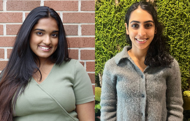 Left: Vandy Widyalankara standing against a brick wall. Right: Sarah Nizarali standing against a wall of plants.
