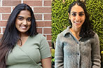 Left: Vandy Widyalankara standing against a brick wall. Right: Sarah Nizarali standing against a wall of plants.