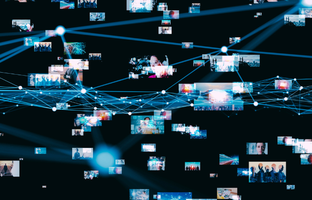 A bunch of screens of people going about their lives all connected by dotted lines as if they were under surveillance.