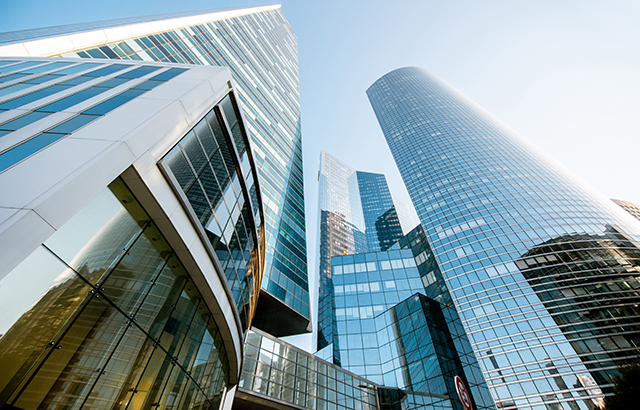 Morning view of La Defense financial district skyscrapers in Paris, France.