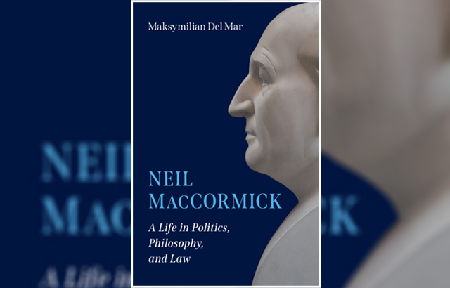 Cover of Neil MacCormick by Maks Del Mar. It is royal blue with a profile of a white marble bust of MacCormick.