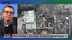 Professor Neve Gordon speaking on Democracy Now! Next to his image is an aerial photo of bombed buildings in Gaza.