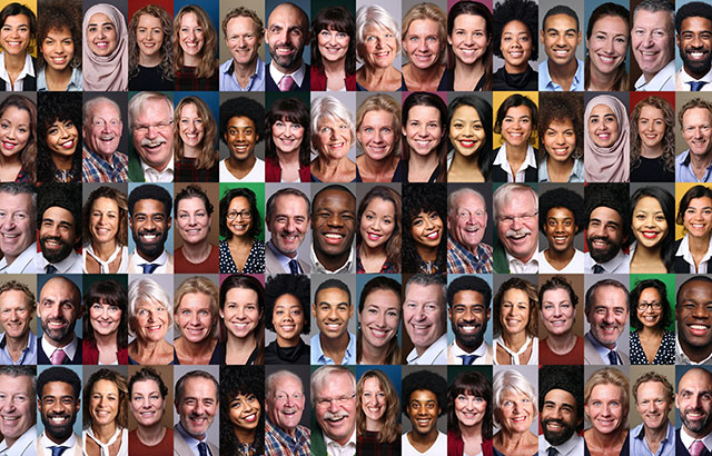A collage of different people from different ethnicities and genders smiling