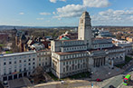 Leeds University Great Hall building aerial view looking north towards Headingley.