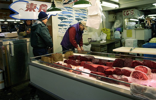 Whale meat on sale in Tsukiji Fish Market, Tokyo, in 2008.