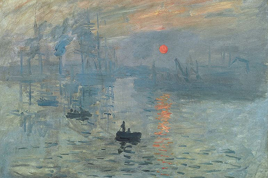 Claude Monet's Impression Sunrise. An impressionist painting of someone in a small boat painting at sunrise.