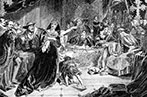 An engraved vintage illustration image of the trial of Catherine Of Aragon, Queen of England, UK.