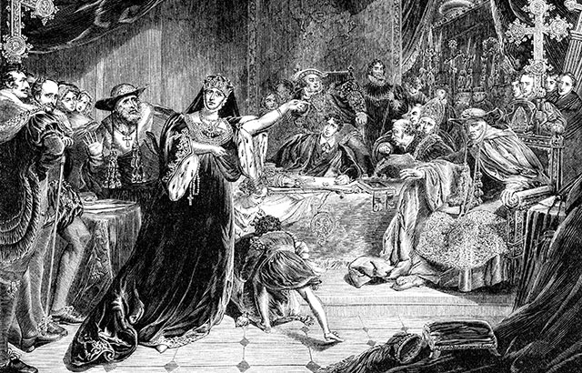 An engraved vintage illustration image of the trial of Catherine Of Aragon, Queen of England, UK.