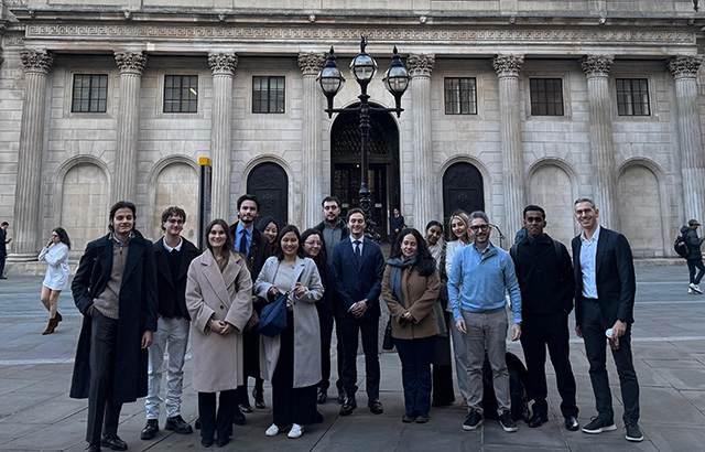 Students from the Banking and Finance Law LLM taking a group photo outside of the Bank of England.