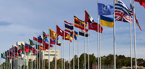Flags of various countries on flag poles blowing in the wind.
