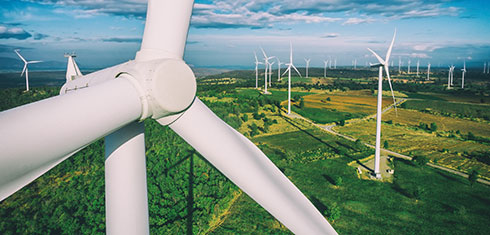 Wind turbines in a green field