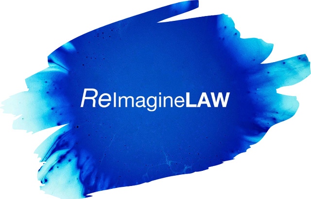 Reimagine law logo. A blue splodge with the words ReImagine Law written in white in the middle.