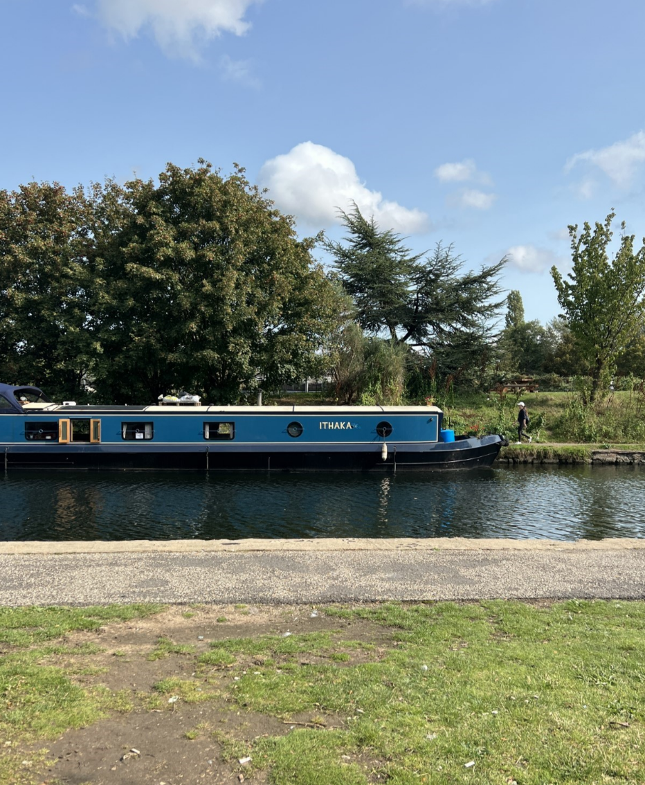 Canalside in Mile End and a blue house boat