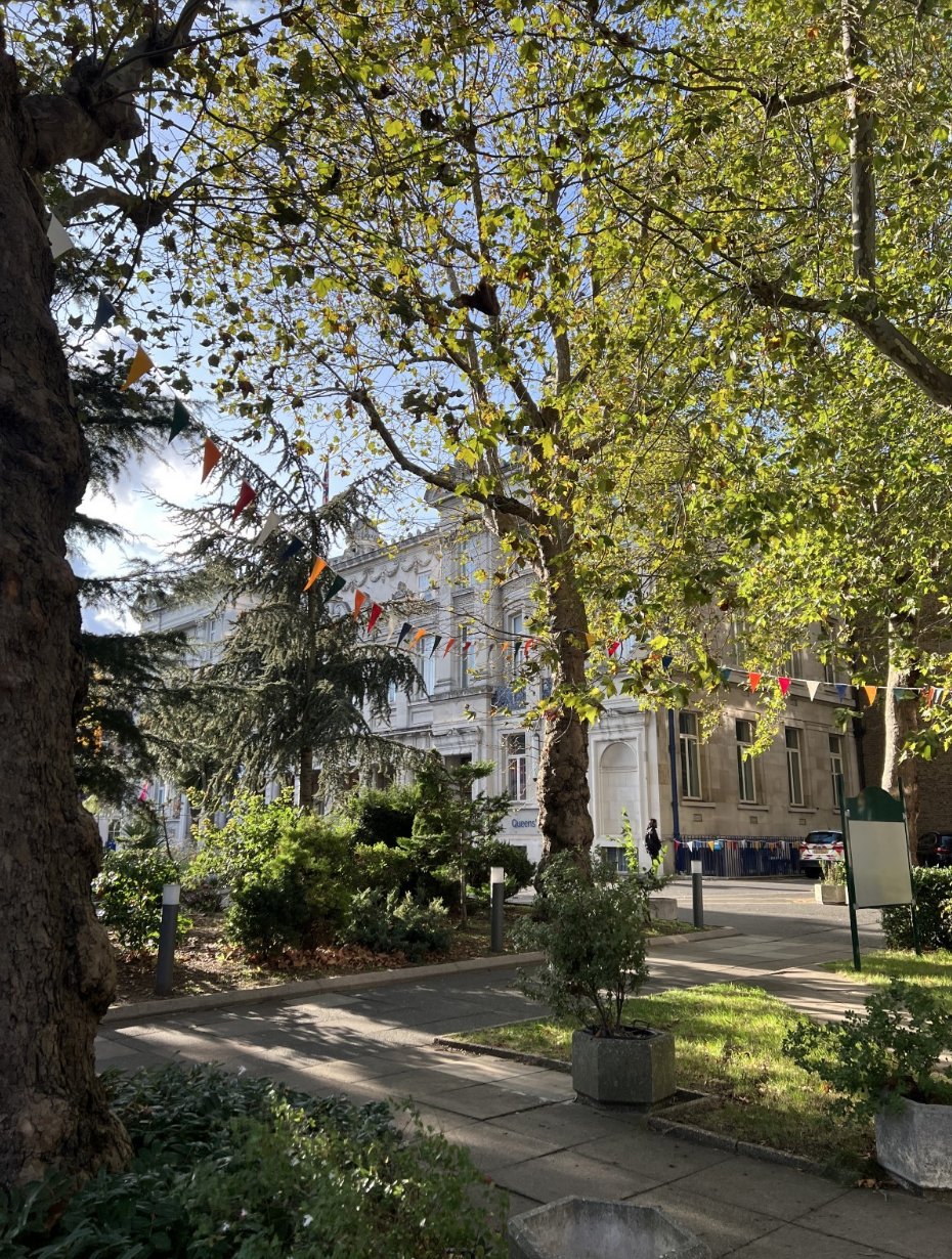 Queens Building through the trees