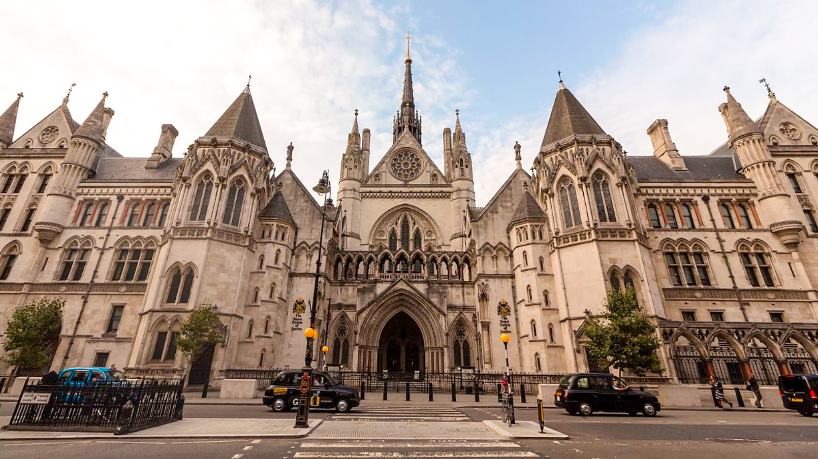 Royal Courts of Justice building's Gothic architecture facade in London