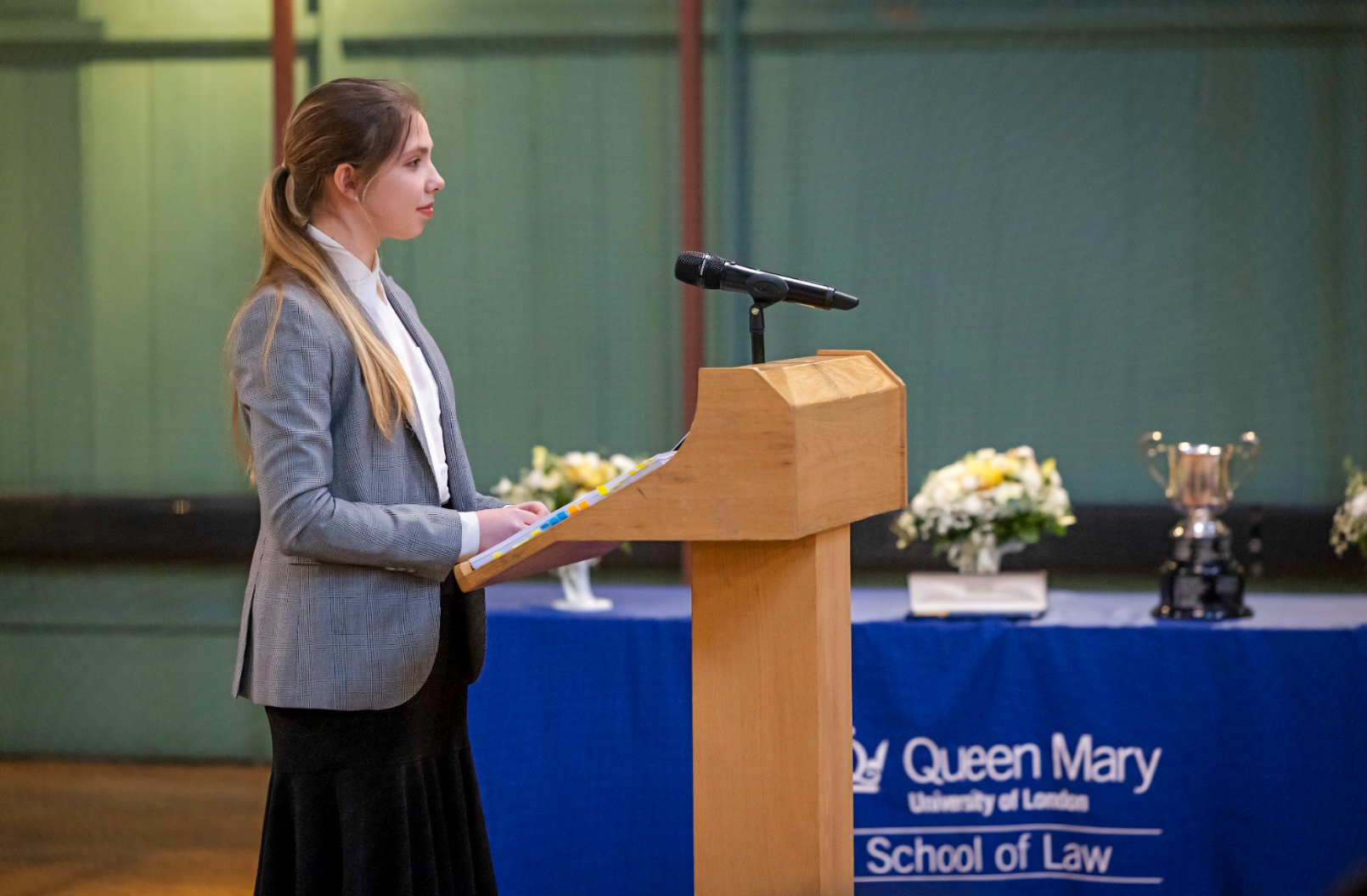 Anna Tikhomirova speaking in moot competition at the Octagon on Mile End Campus
