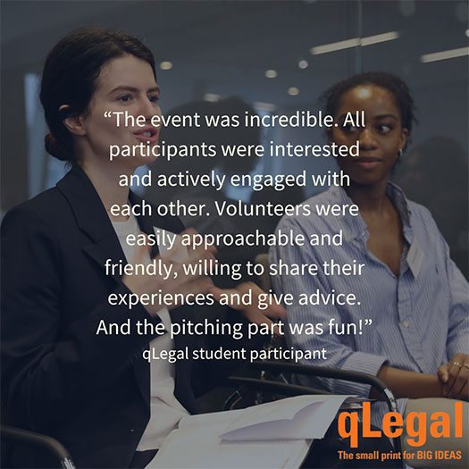 Two participants at the qLegal Morrison Foerster event. A quote is layered over from a qLegal student participant saying: