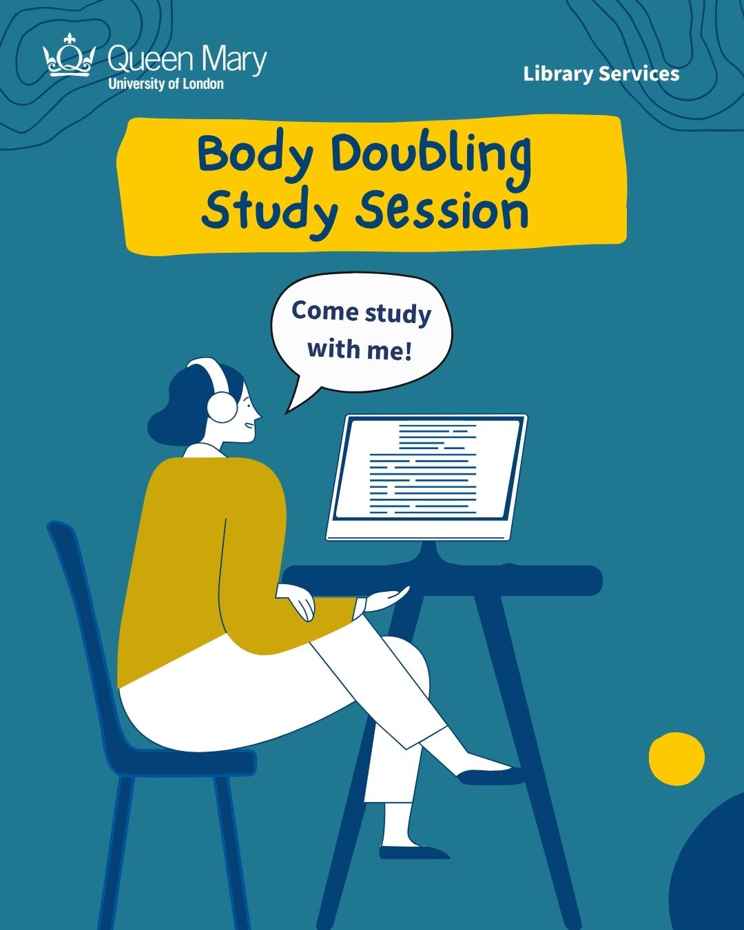 woman sitting at desk looking at computer saying 'come study with me'! Text: Body doubling study session