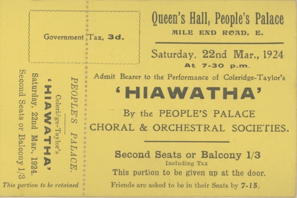 Yellow ticket for a performance of Hiawatha at the People's Palace 1924