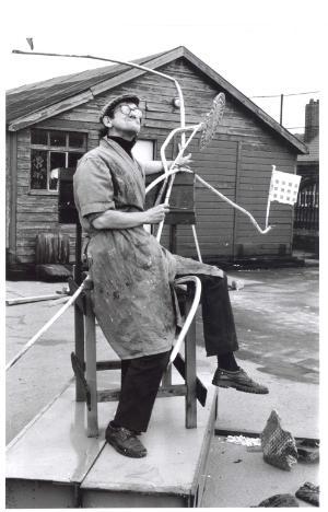 Hinchliffe posing with his art installation, Lina Garnade Foundation Course Exhibition, Southwark Community Education, 1991 