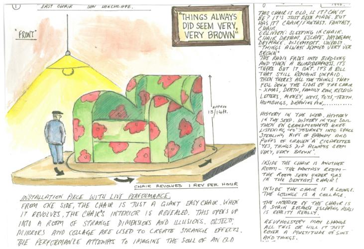 Diagram and notes by Ian Hinchcliffe showing large armchair with sign 