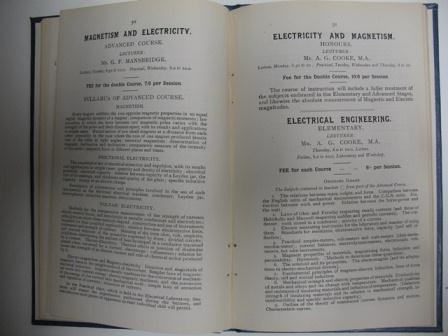 Photograph of a page from the Calendar and Syllabus of the People's Palace Evening Classes, 1894-1895