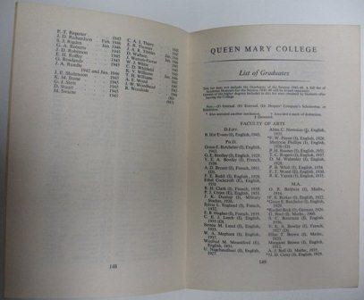 Photograph of a page from the Queen Mary College Calendar, 1946-1947 , listing the names of graduates
