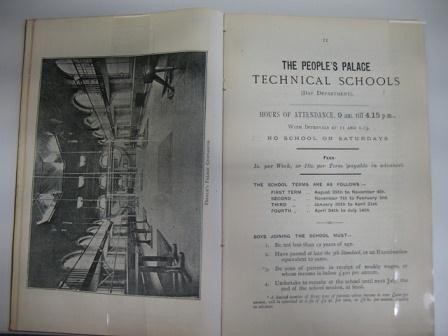 Photograph of a page from the People's Palace Technical Schools calendar, Day Department 1892-1893.  The page showing hours of attendance