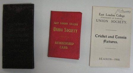 Colour photograph of three membership cards relating to the United Engineering and Union Societies.  From left to right, the cards are: Cricket and Tennis Fixtures for 1910, Cricket Club membership card 1905 and a Union Society 1907-1909 membership card.