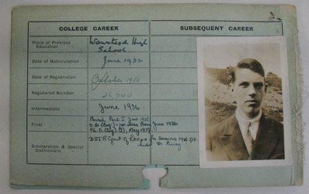 Photograph of a student card for Doctor L.G. Whitehead.  The card has a photograph of the student on the right of the card, and details of his studies at Queen Mary College on the left side
