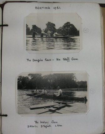 Photograph of a page dated 1921 from a photograph album.  The page shows two black and white photographs of people in rowing boats.