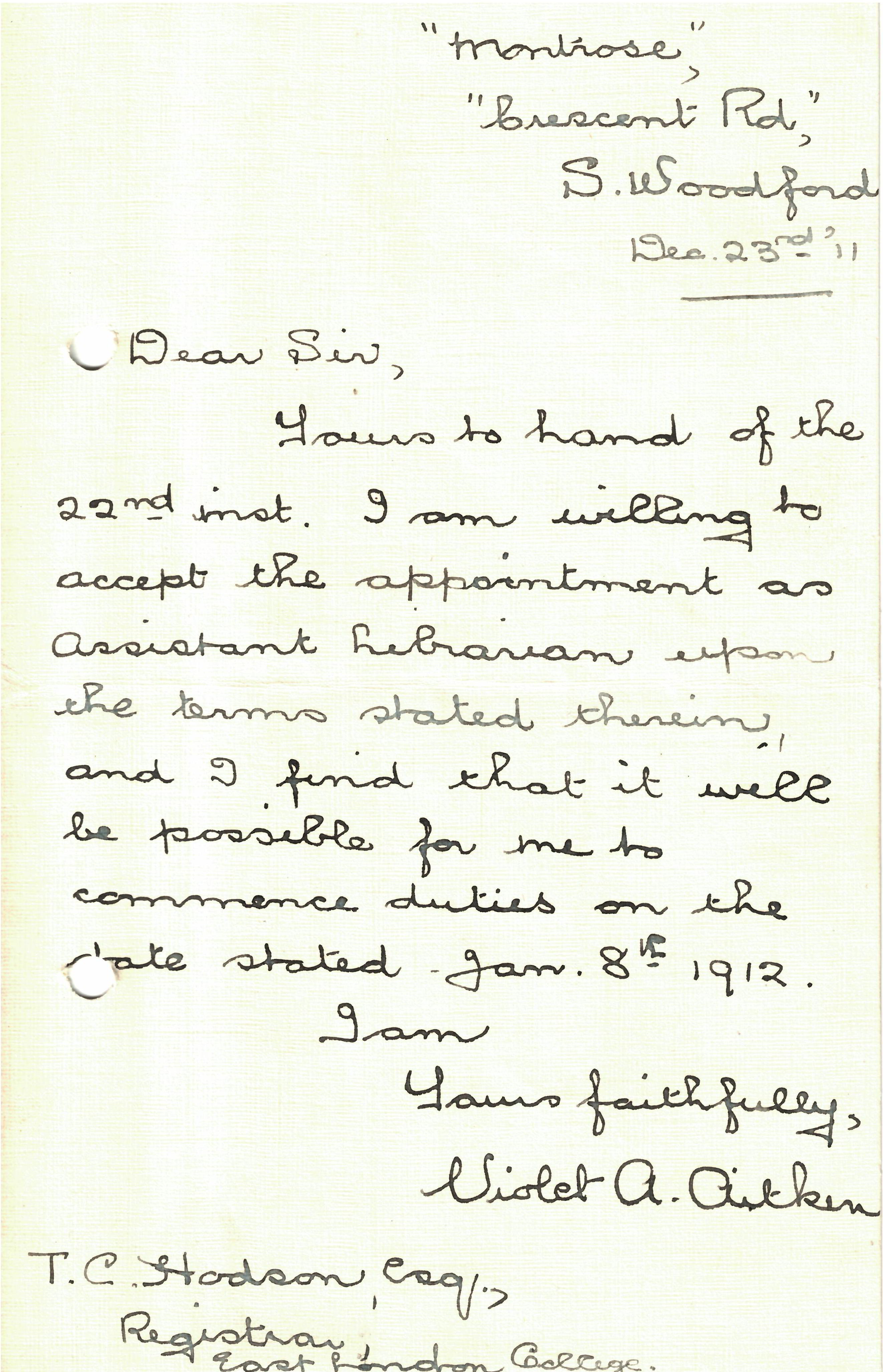 Letter of Appointment Acceptance signed by Violet Aitken 23 Dec 1911