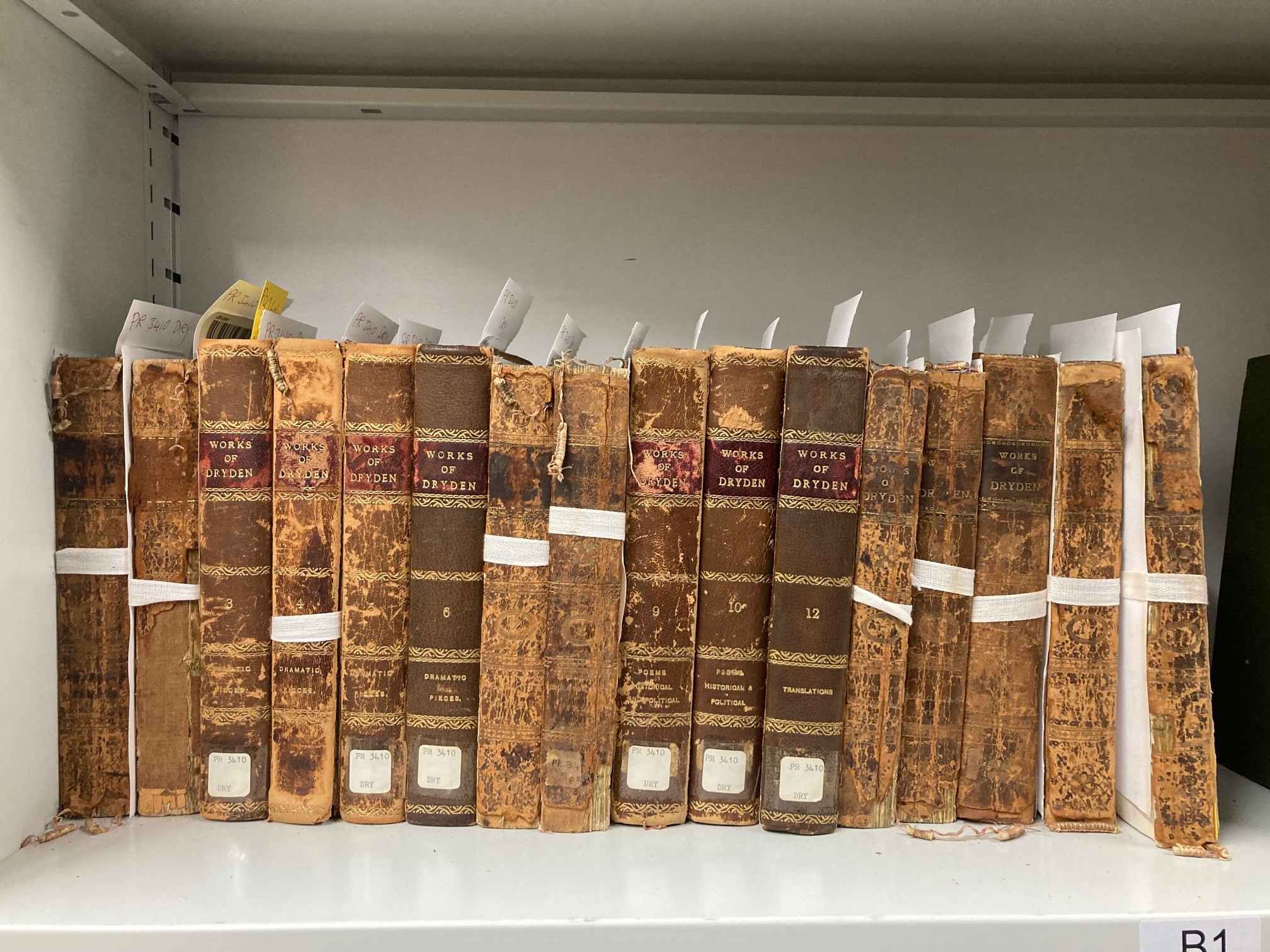 Book spines of Dryden rare books