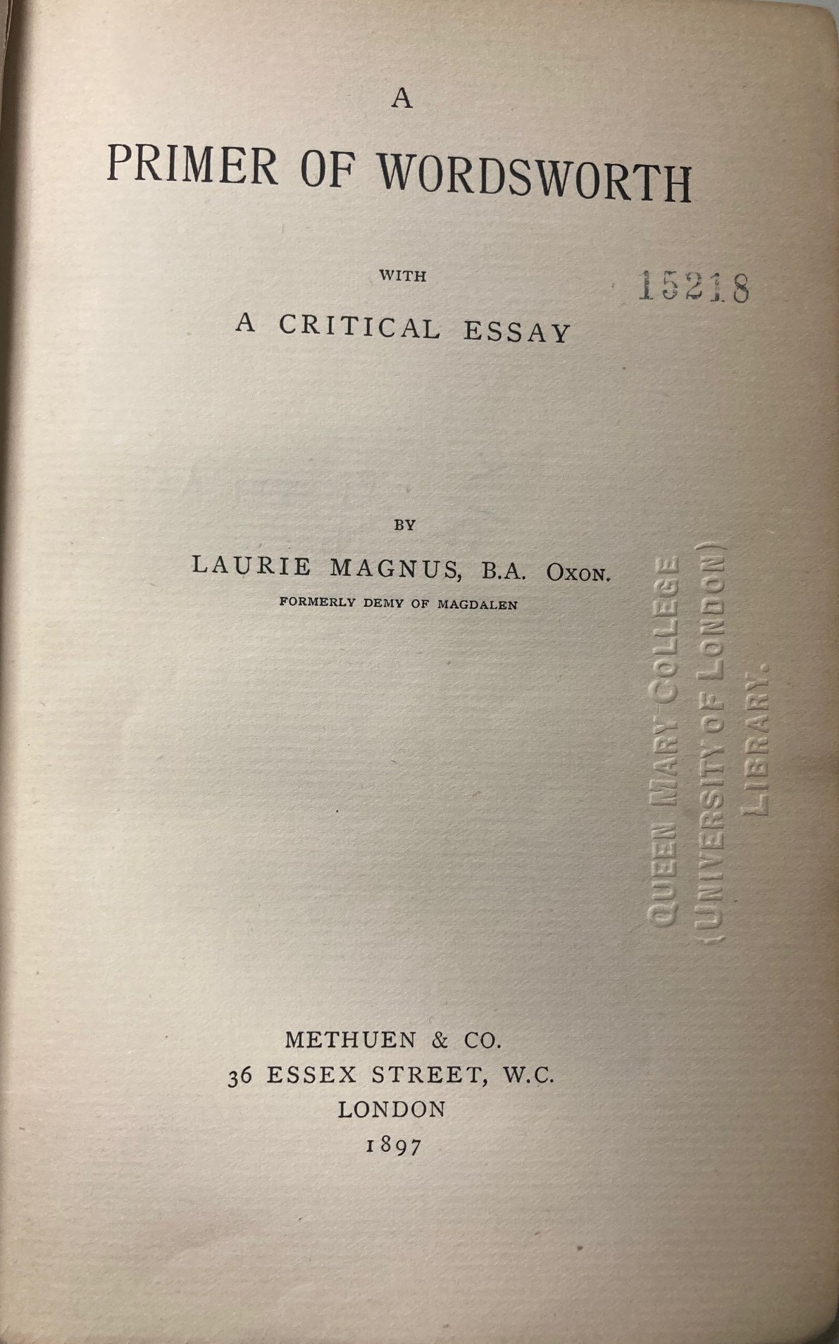 Title page of A primer of Wordsworth ; with a critical essay by Laurie Magnus 1897