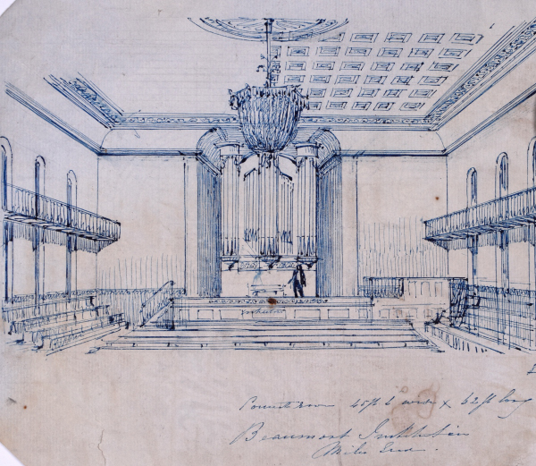 Blue pen sketch of Beaumont Institute Lecture Hall.
