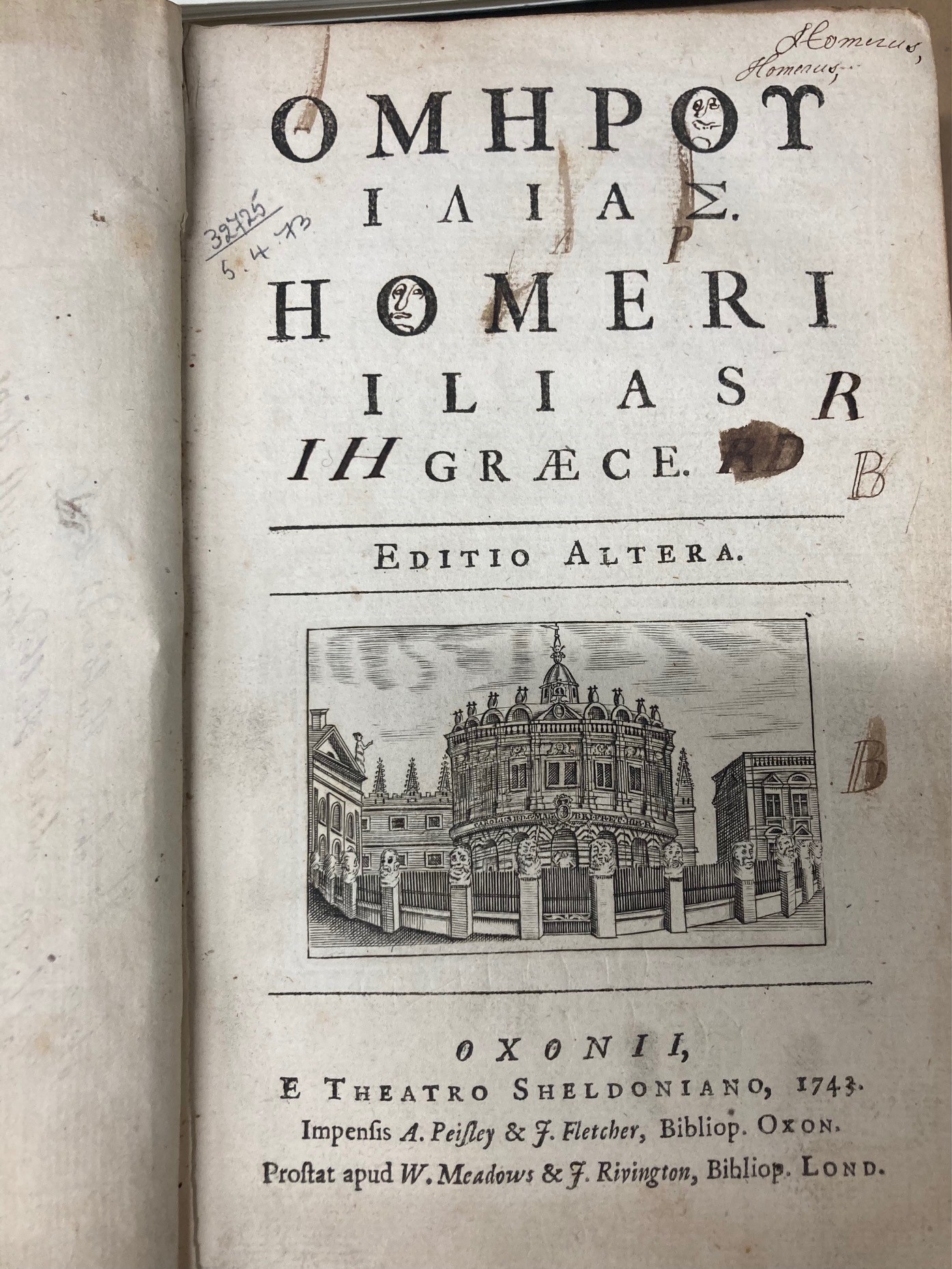 Title page from an Oxford edition of the Iliad by Homer with text in greek and latin, 1740s