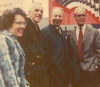 Colour photograph of Christine Lawrence, Bishop Trevor Huddleston, Donald Chesworth and Reverend Austen Williams, 1972