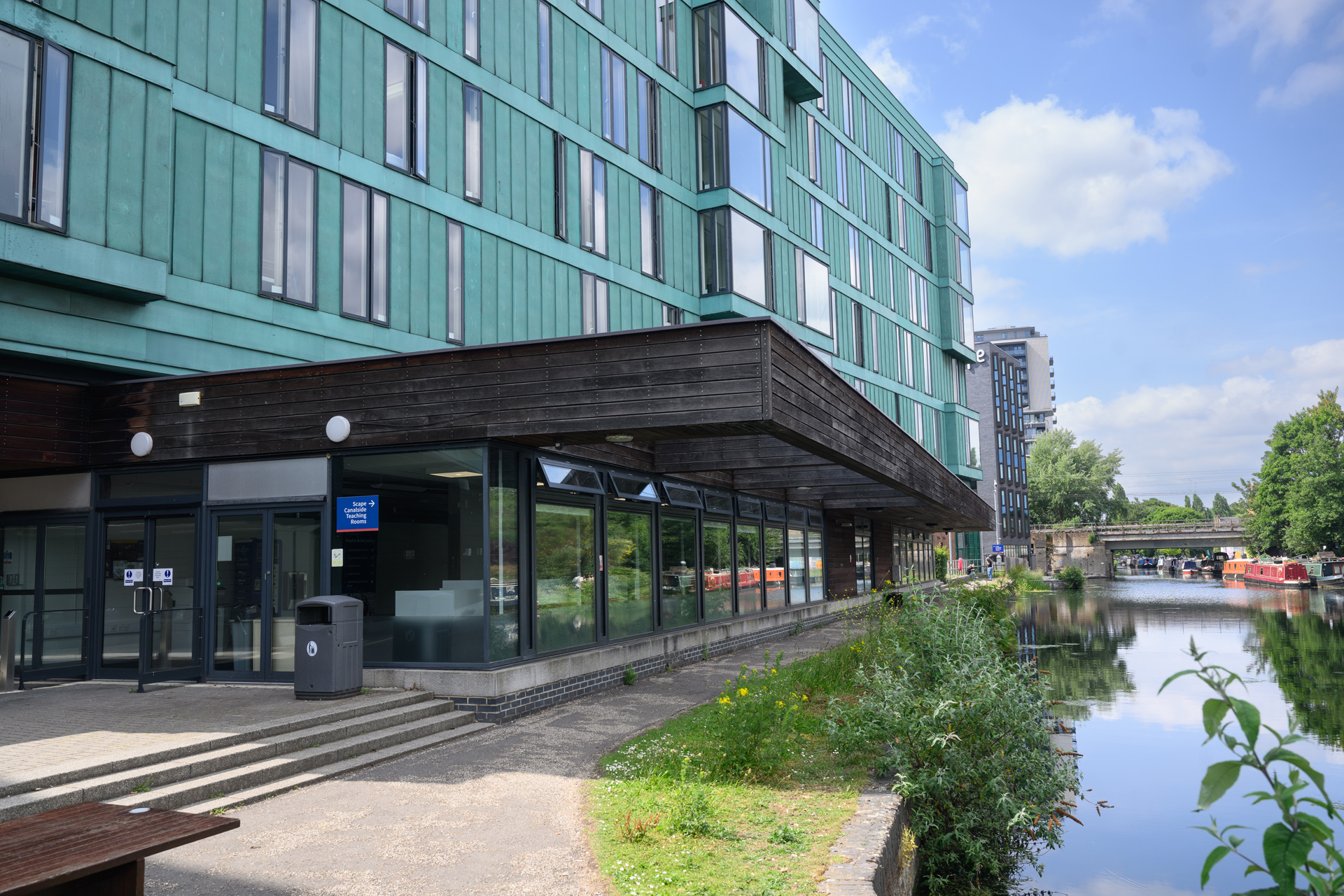 Canalside study space from outside showing the canal