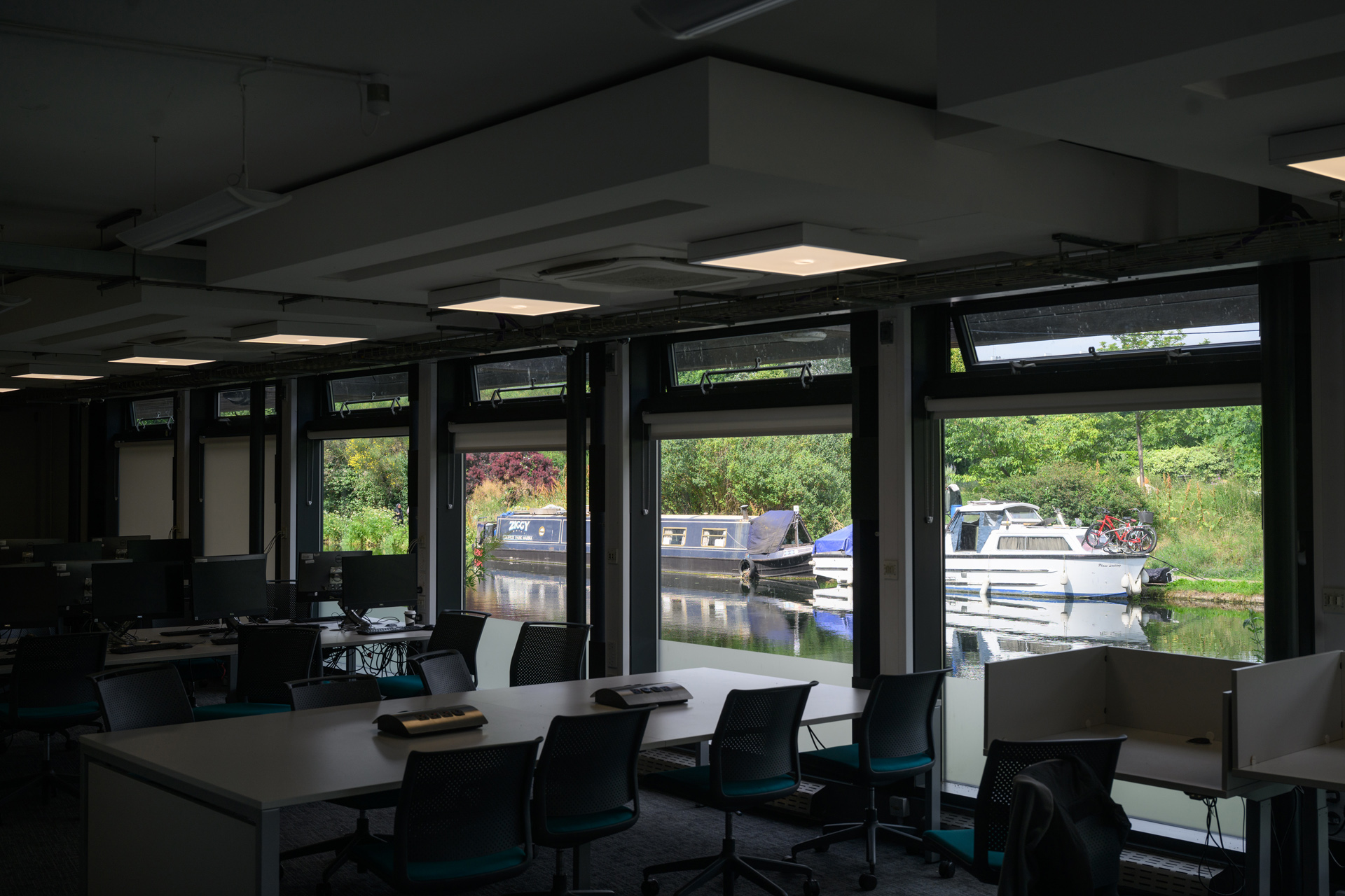 View of canal boats on canal from the Canalside study space