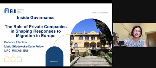 Federica Infantino presenting on Zoom next to a slide introducing her talk on 'the role of private companies in shaping responses to migration in europe'