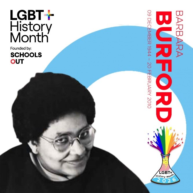 A graphic celebrating LGBT+ History Month featuring the name Barbara Burford alongside her birth and death dates. The design includes a stylised blue and white circular background, the LGBT+ History Month logo, and a colourful laboratory‑flask motif labelled “LGBT+ 2026,” symbolising the year’s theme of Science and Innovation. A monochrome portrait of Barbara Burford appears in the lower left, integrated into the layout.