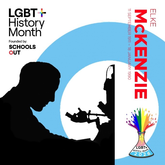 A graphic for LGBT+ History Month featuring the name Elke McKenzie with birth and death dates. On the left, a silhouette of a person using a microscope appears against a blue and white circular background. On the right, the design includes the LGBT+ History Month logo with a colourful flask marked “2026,” reflecting the Science and Innovation theme, along with the “Founded by Schools Out” text.