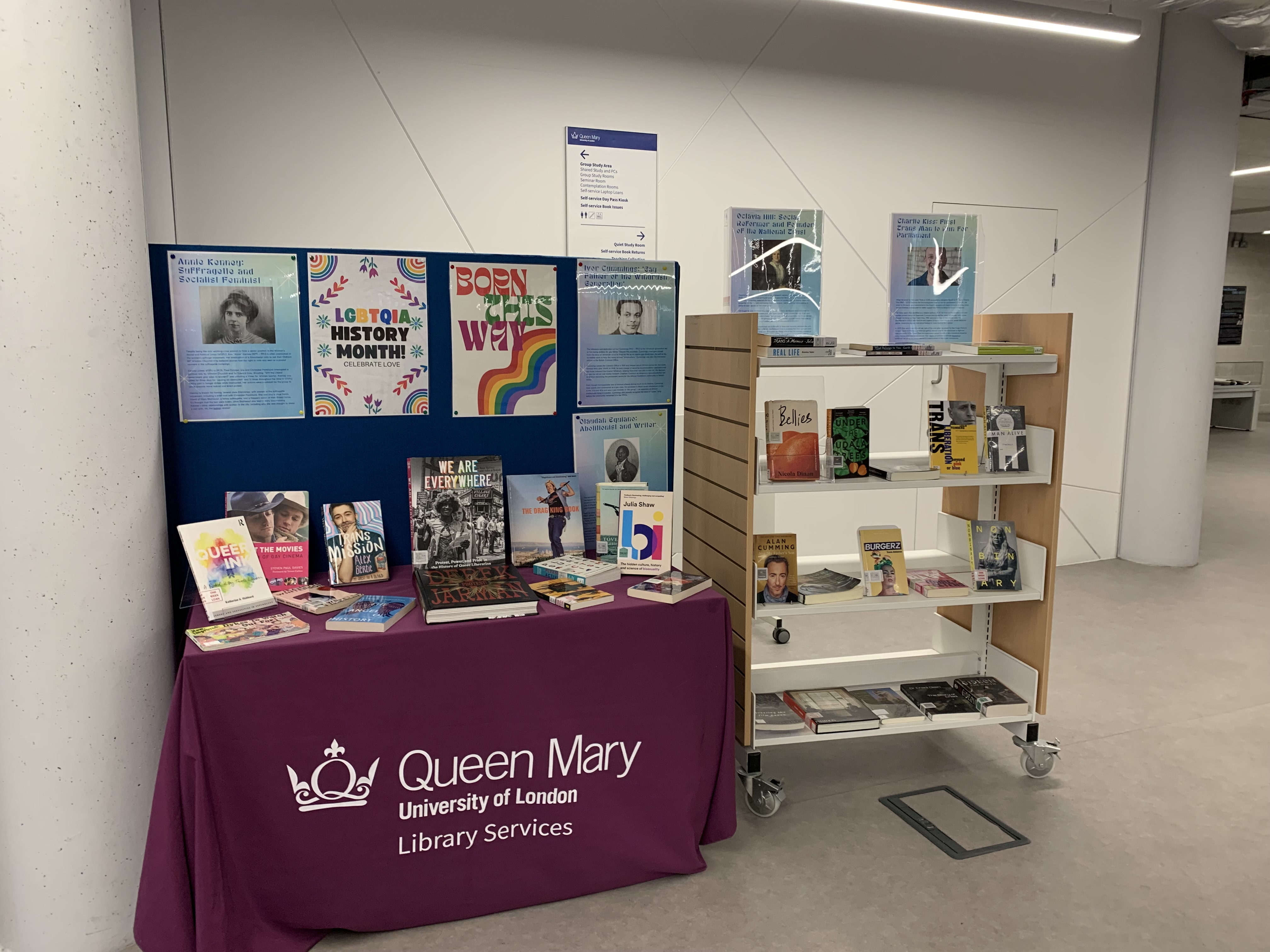 A photograph showing a book display at Mile End Library, featuring a diverse range of LGBTQIA+ titles and a notice board highlighting notable figures related to the theme of 'Activism and Social Change'.