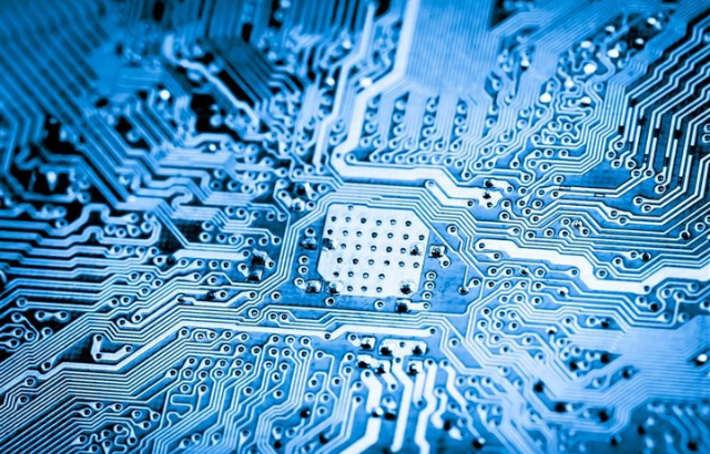 Close up of a blue motherboard