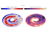 Visualisation of the warped disc around the young star MWC 758, with warping exaggerated by a factor four to make it visible. Both panels show properties of the disc inferred from CO emission. On the left-hand side, we see deviations in the line-of-sight velocity from the expected rotation if the disc were flat. The variations in velocity can be used to infer the warp structure. On the right-hand side we see variations in the gas temperature, from which we can see evidence of shadowing in areas of the disc. Credit: A. Winter