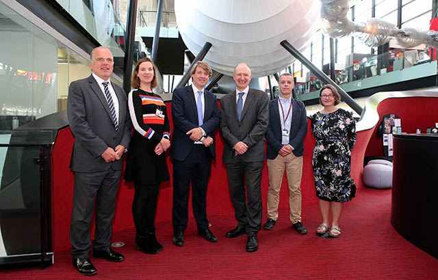The tour group in the Blizard Institute. L-R: Professor Steve Thornton, Dr Rosalind Hannen, Chris Skidmore MP, Professor Colin Bailey, Professor Tim Warner and Dr Sharon Ellis