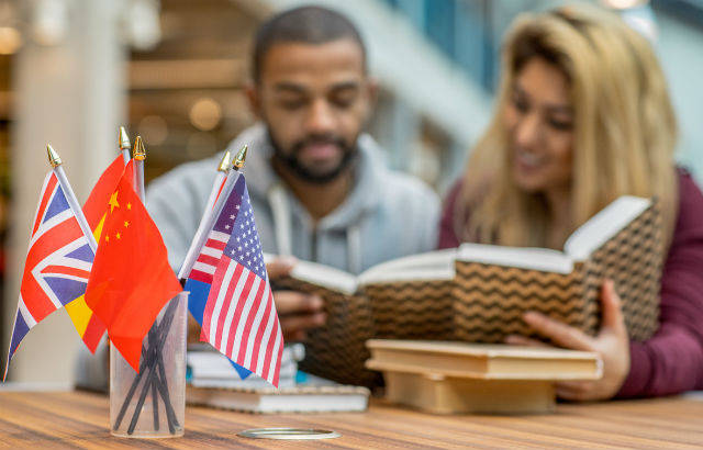 Studying behind flags on a desk