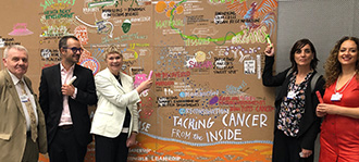 Professor Fran Balkwill with ERC delegates in front of artist's wall at World Economic Forum